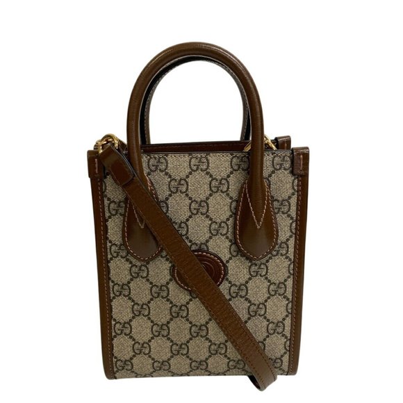 GUCCI Interlocking G Mini Tote Shoulder Bag GG Supreme Handbag Women's Brown - Picture 1 of 10